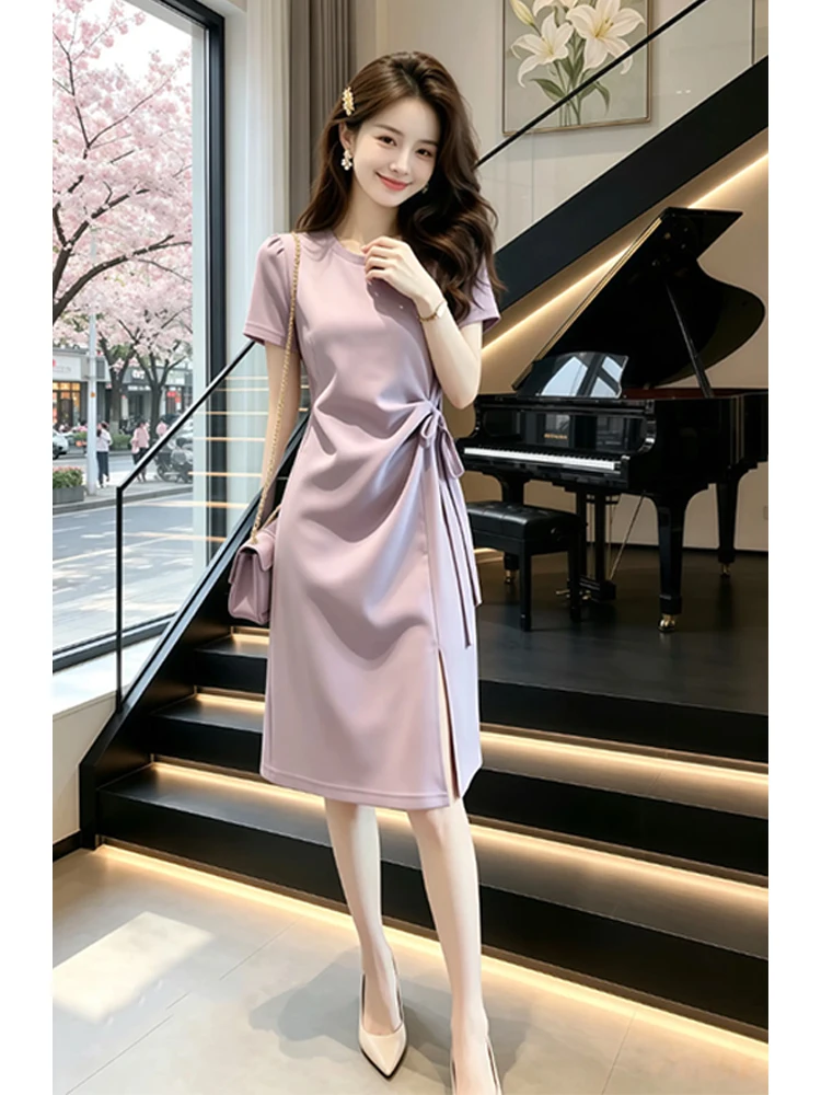 Elegant  Color Drawstring Dress Women's Summer New Waist Cinching Slim Short Sleeve Gentle Wind Midi Dress Trendsetter
