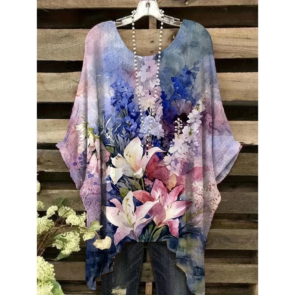 Women\'s Summer Bohemian Floral Print T-Shirt Vintage Light Purple Y2k Graphic Round Neck Clothing Elegant Woman Short Sleeve Top