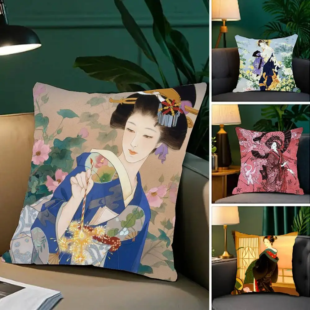 Classic Retro Japanese Lady Geisha Pillow Case Fashion Square Pillowcase Bedroom Sofa Room Ins Decoration Leisure