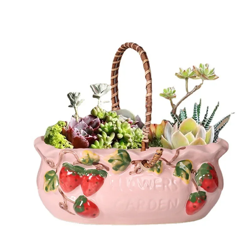 Creative succulent pot large diameter coarse pottery breathable large meat plant basket family gardening strawberry basket