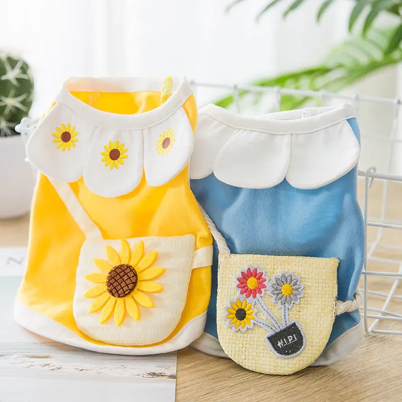 Spring Summer Thin Puppy Vest Short Skirt Petal Collar Shoulder Bag Cute Sunflower Cat Clothes Small Medium Pet Clothes