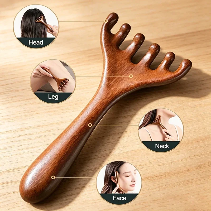 Wooden Meridian Massage Comb  Promote Blood Circulation Body Anti-static 6-Claw Head Massager BGua Sha Tool AMS05