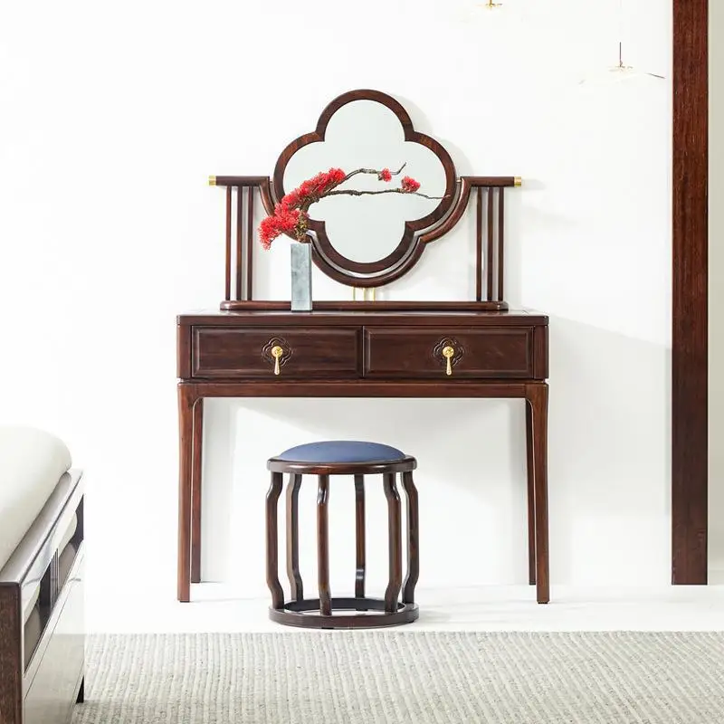 New Chinese-style all-solid wood dresser, modern light luxury mini dresser, makeup mirror, makeup stool combination