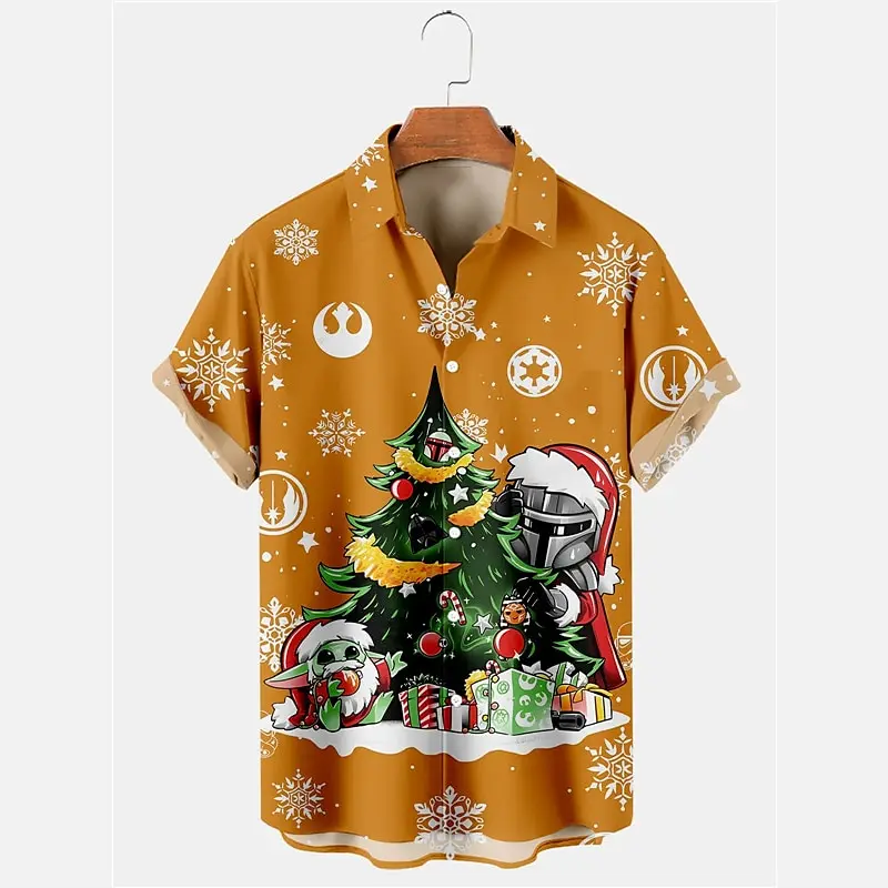 Christmas tree casual men\'s shirt casual weekend autumn loose short-sleeved shirt four-way stretch fabric Christmas shirt