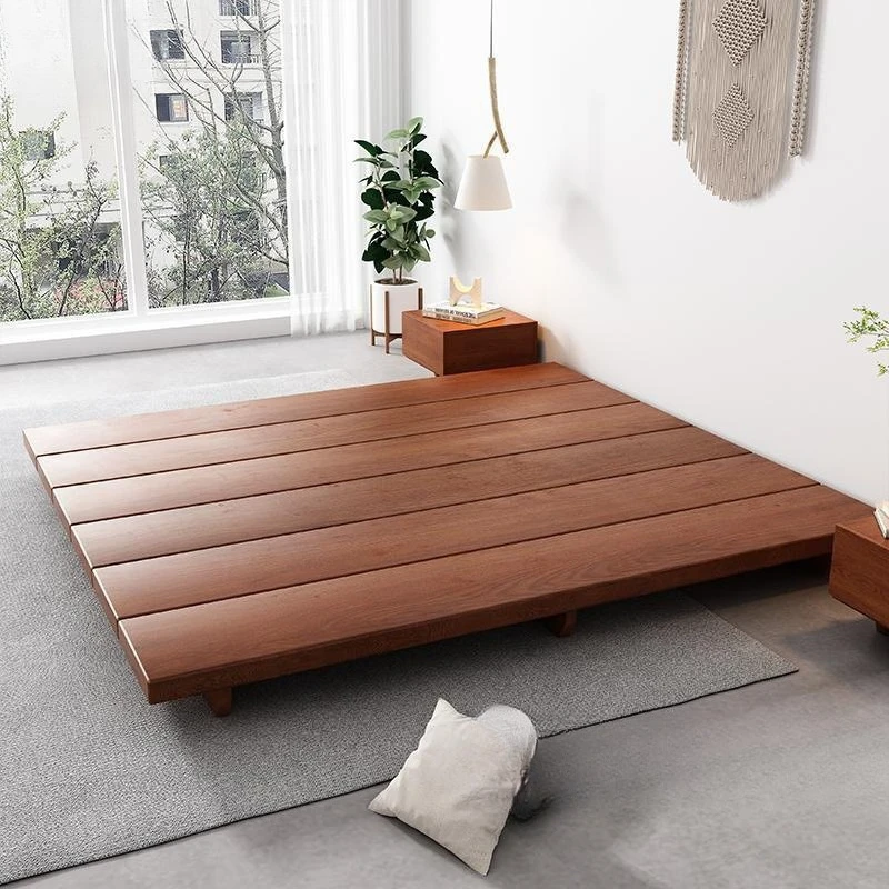 Suspended solid wood tatami bed Floor-to-ceiling integrated bed frame Bone tatami master bedroom bed minimalist