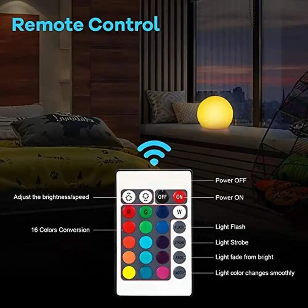 Lâmpada Globo Noite com Controle Remoto, Luz Bola LED, Lâmpada Impermeável Noite, 16 Cores RGB, Decoração Interior e Exterior, 10 pol