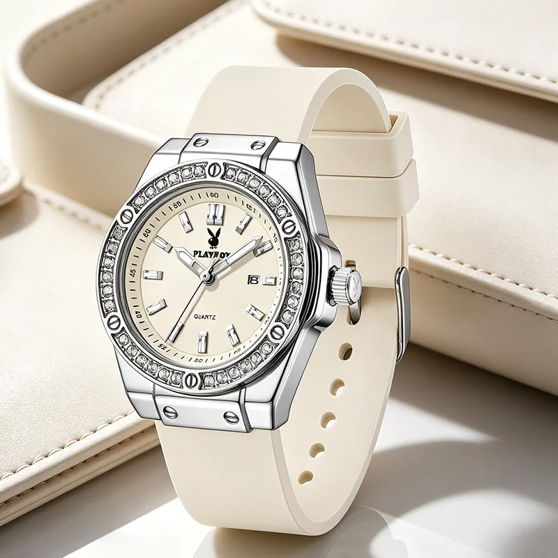 PLAYBOY Original Luxury Brand Woman Quartz Wristwatch Waterproof Luminous Diamond Bezel Casual Fashion Watches For Woman Reloj