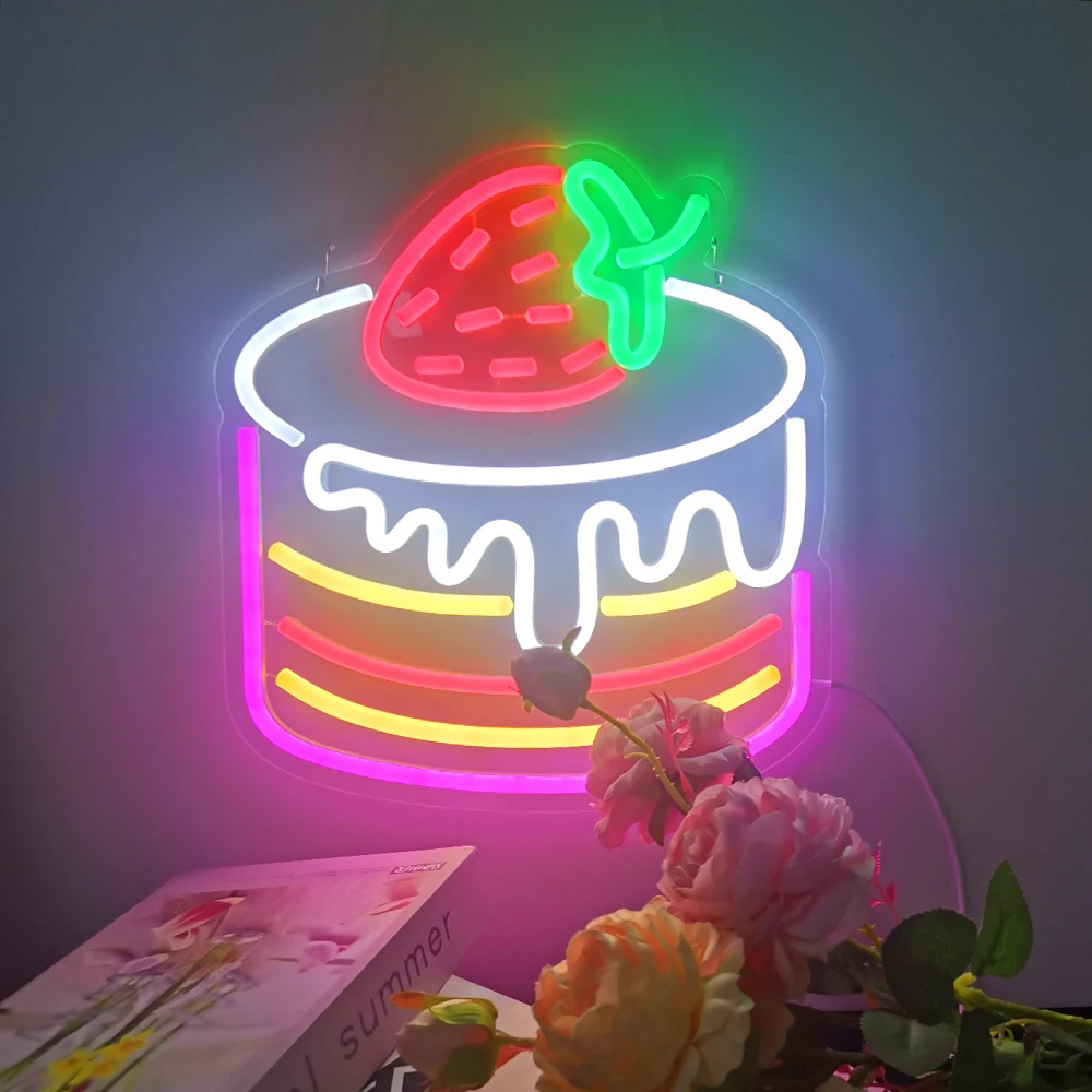 Imagem -02 - Happy Birthday Cake Neon Sign Decoração de Fundo Morango Shortcake Sinal de Luz Porta Usb Dimmable Presente para Festa de Aniversário