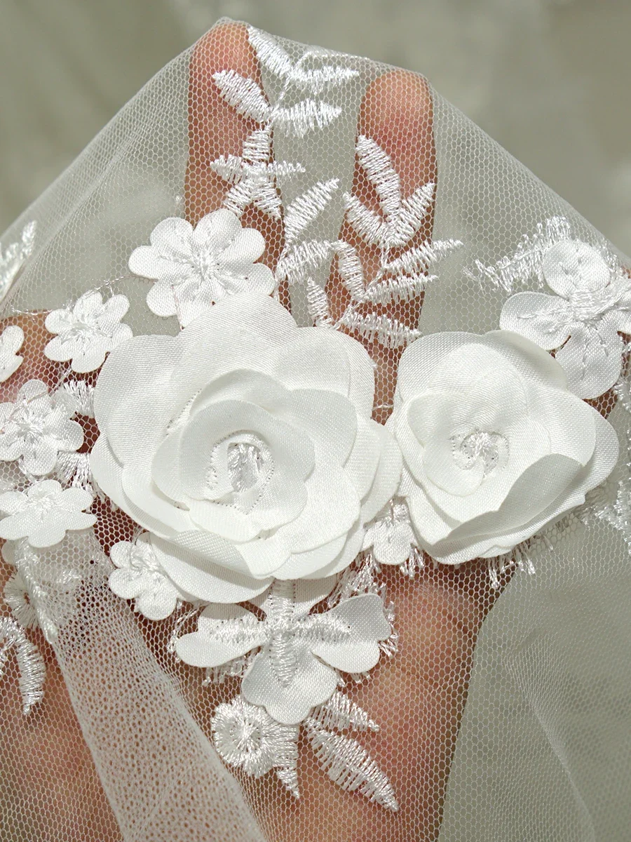 3D Flower Lace Embroidered Tulle Fabric Sheer Lightweight Mesh For Bridal Veils Dress Embellishments And DIY Decoration