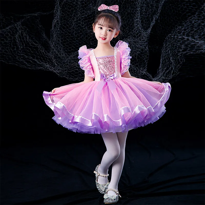 

Children Ballroom Clothing Sequined BalletTutu Dress Girls Rainbow Color ModernPerformance Clothing Wear Ballet PrincessDress