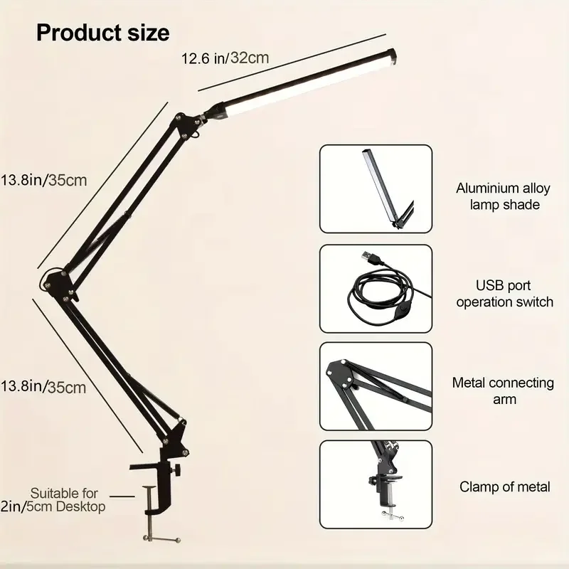 LED Folding Metal Desk Lamp Clip on Light Clamp Long Arm Diming Table Lamp 3 Colors Adjustable For Living Room Reading Computers