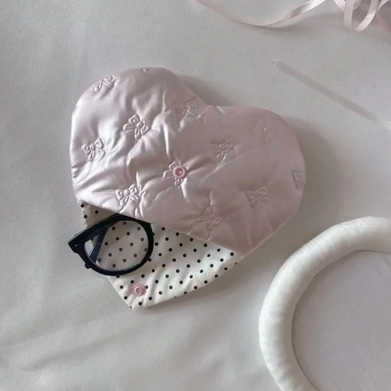 Glasses Pouch Bow Embossed Heart Pink With Patterns Heart Shaped Eyewear Storage Case Bow Pouch Eyewear Accessory
