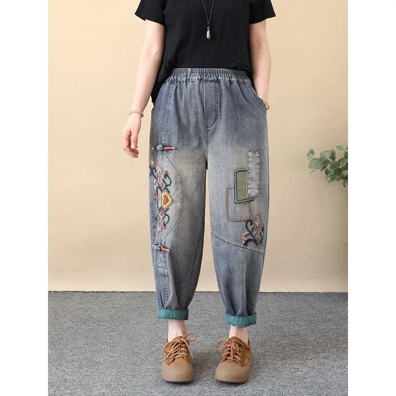 

Women's Ethnic Style Colorful Frog Buttons Embroidery Denim Capri Pants Loose Slim Harem Pants Vintage Thin Summer Trousers