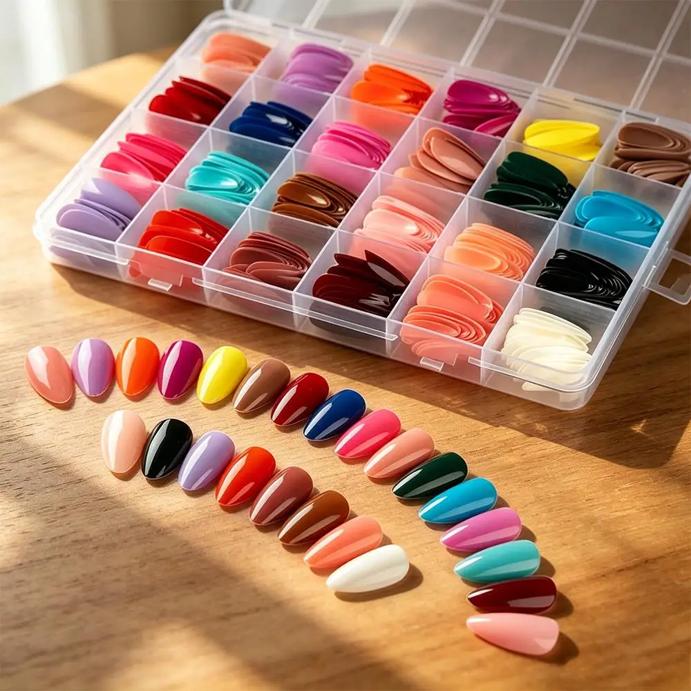 576Pcs 24Colors Medium Almond Press On Nails Glossy Solid Colors Full Cover Fake Nails Tips Summer Reusable False Fingertips TD