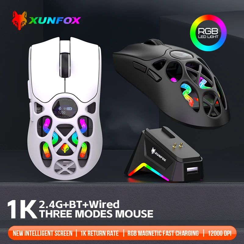 BT+2.4Ghz+Wired Tri-model Wireless Gaming Mouse 12000 DPI RGB Light Magnetic Rechargeable Dock  Optical Ergonomic Mice