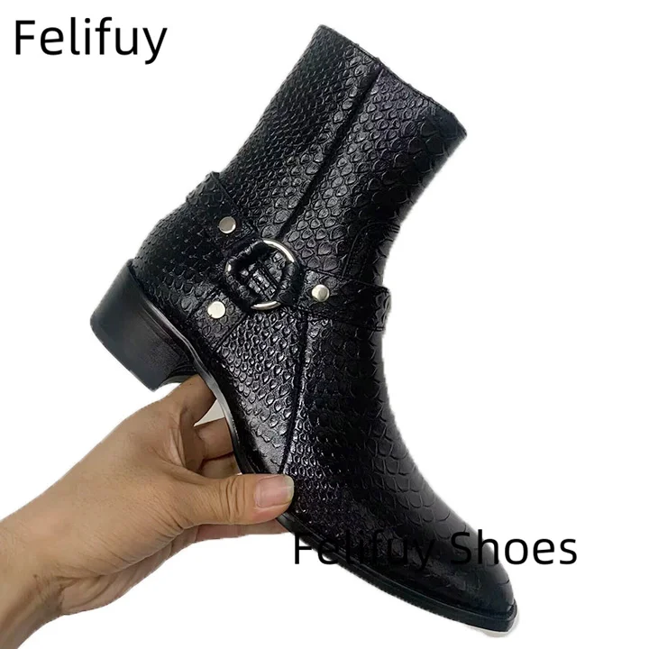 

Black Snakeskin Western Boots Round Belt Buckle Side Zipper Genuine Leather Boots Elegant British Retro Style Ankle Boots Men