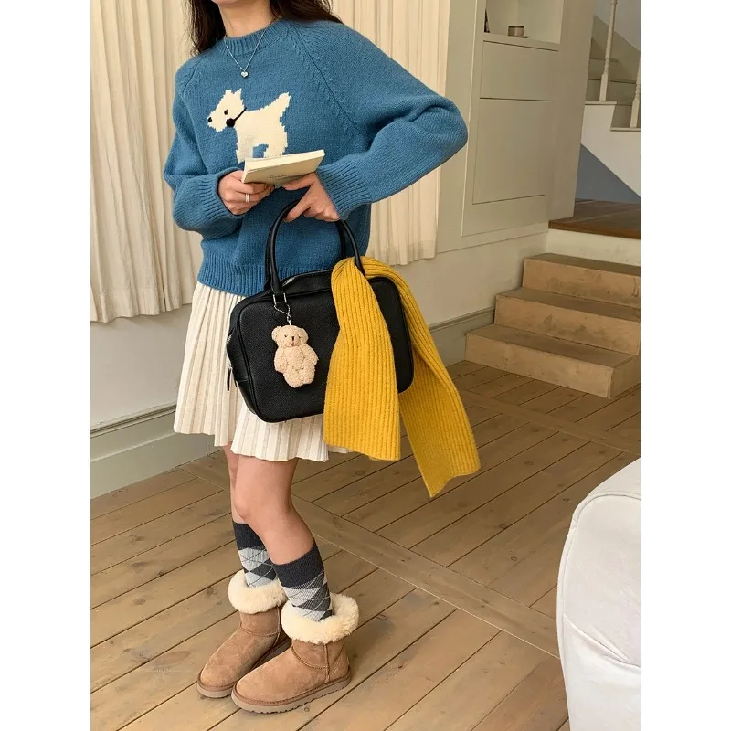 Ropa Para Mujer Cute Dog Pattern Sweater Women Red Crew Neck Long Sleeve Pullover Jumper Kawaii Cartoon Knitwear Warm Winter Top