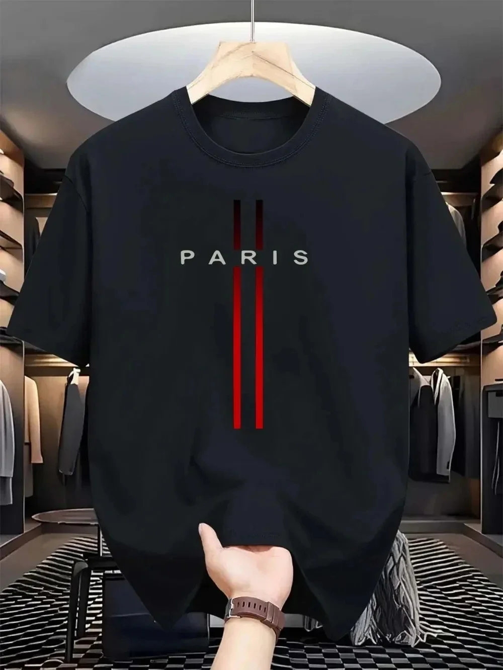 Men's Fashionable and Versatile Summer Loose Paris Creative Letter Printed Casual Slim Fit Round Neck Short Sleeved T-shirt Top image 5