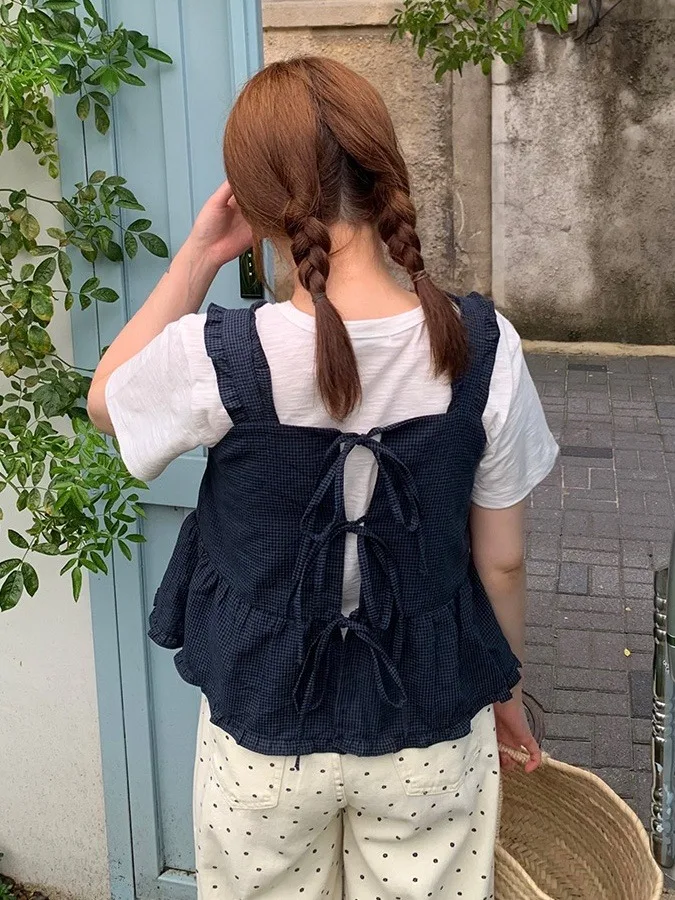 Retro Summer Checkered Vest Top with Bow Tie Wooden Ear Back Strap Versatile Cute Fashionable Commute Style Spring Autumn