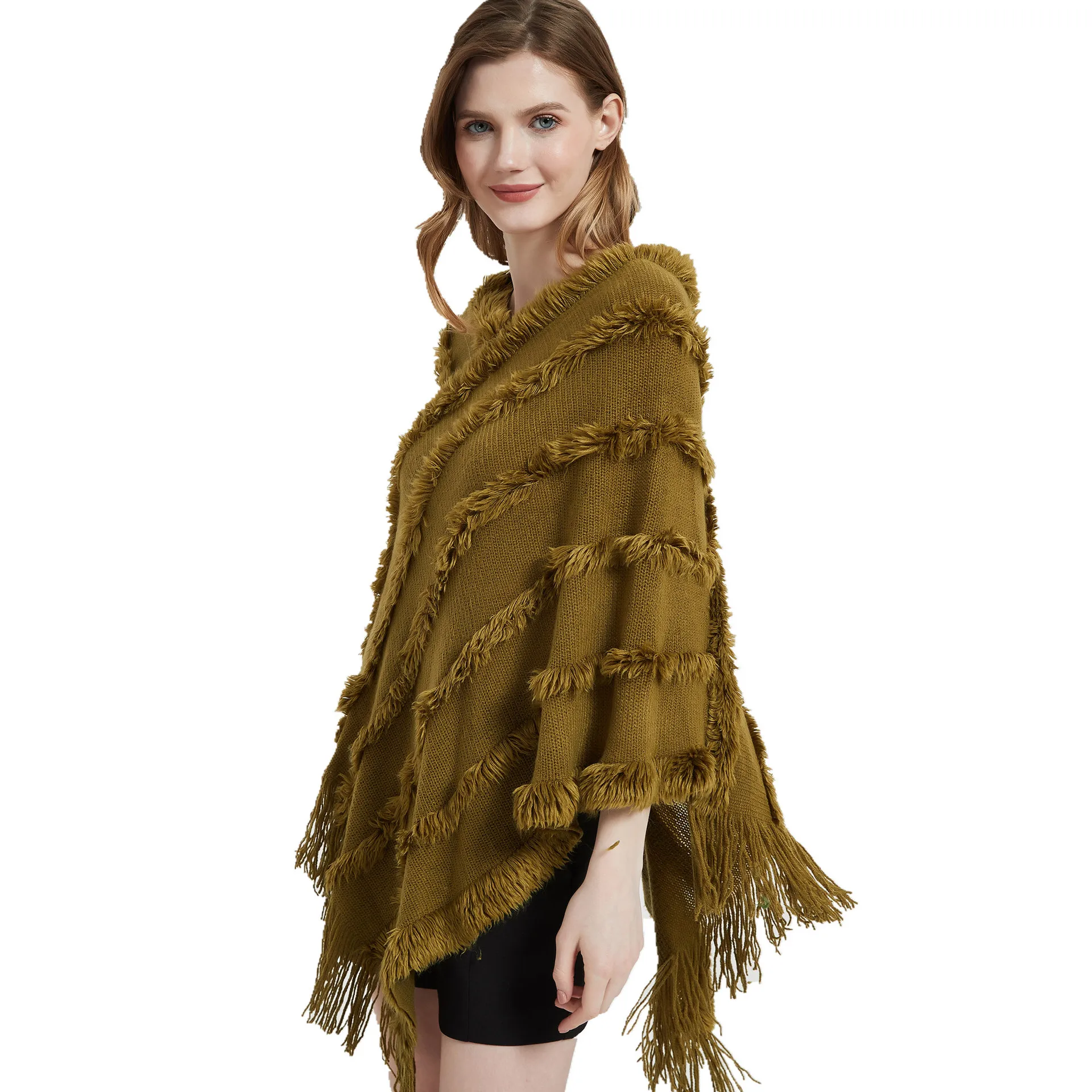 

Ethnic Style Poncho Soft Imitation Cashmere Striped Flounce Knitting Wraps Winter Warm Knitted Cape Women Fashion E962