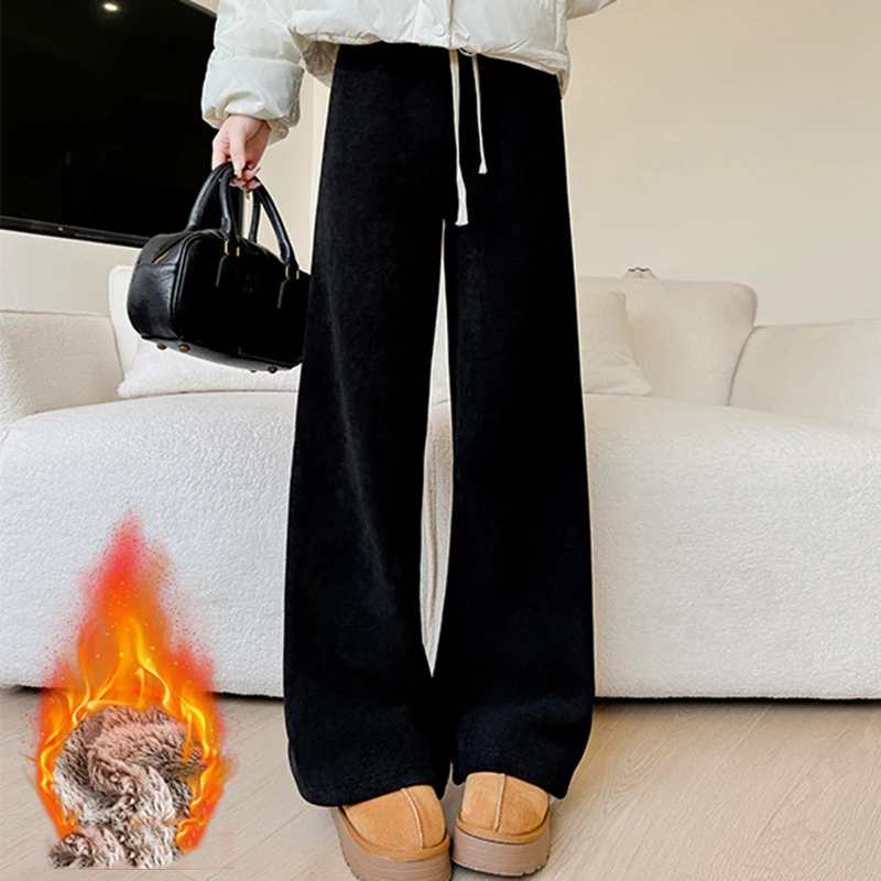 2025 الشتاء رشاقته الصوف السراويل النساء عادية مرونة عالية الخصر واسعة الساق السراويل امرأة الصلبة مستقيم الدافئة أفخم السراويل الإناث