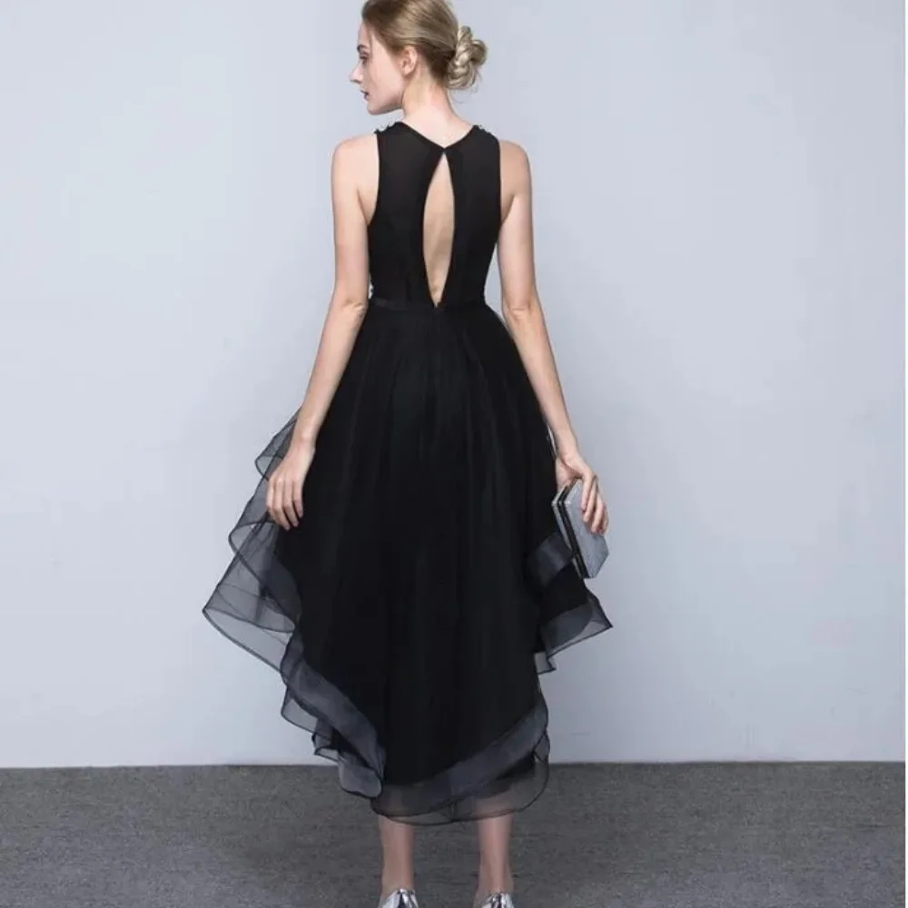 Elegante vestido de noite formal preto clássico, elegante moda, primavera e outono, frente e costas, longo e curto, frisado artesanal, clube