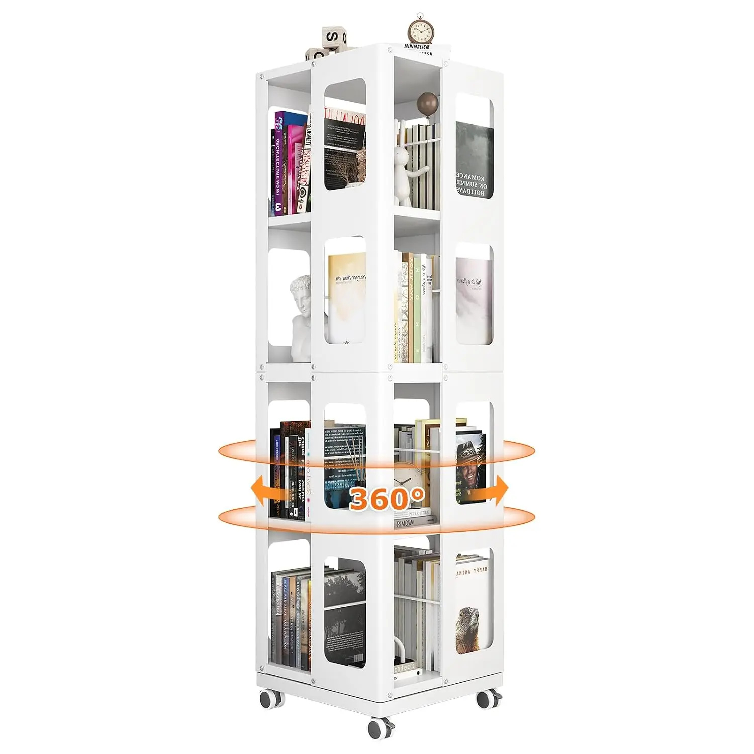 4 Tier Rotating Bookshelf Tower, Steel 360° Revolving Bookcase With Wheels, Multifunctional Floor Standing Storage, Customized