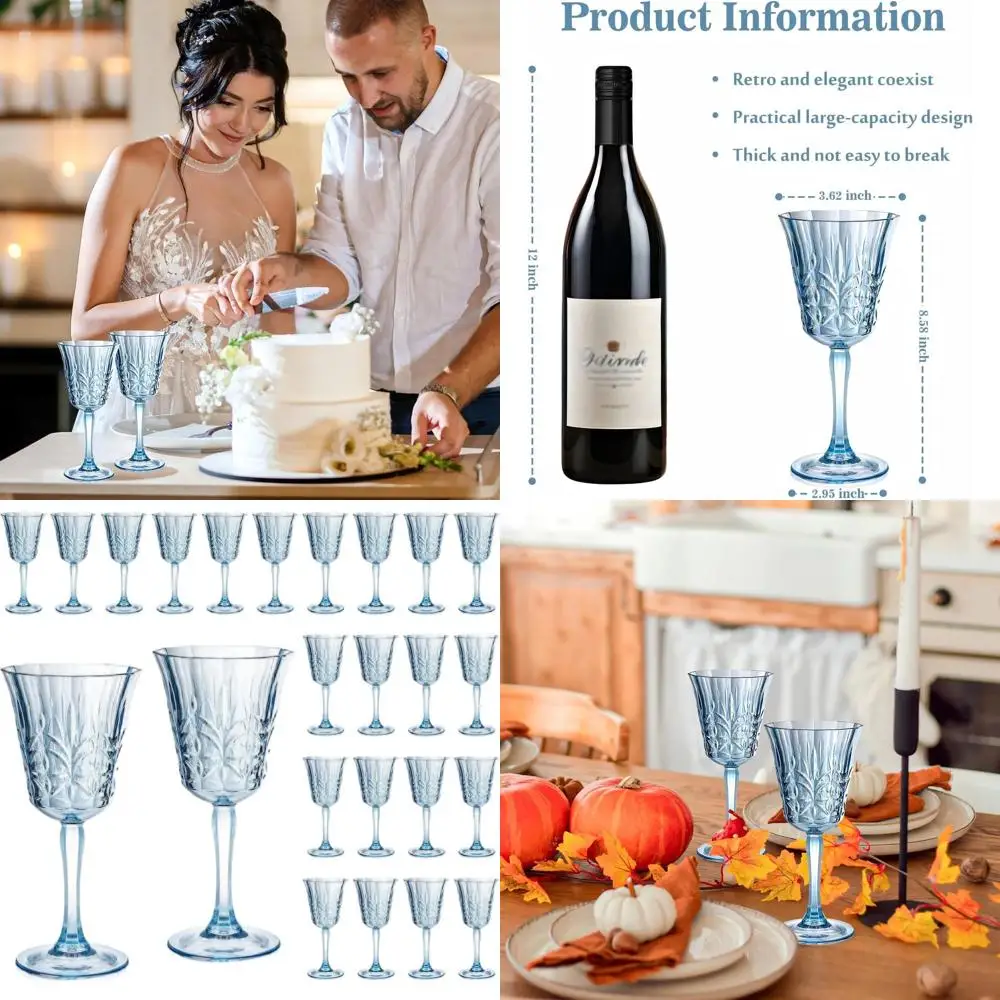 

Set of 24 Unbreakable Crystal Blue Plastic Wine Glasses for Weddings and Grand Events