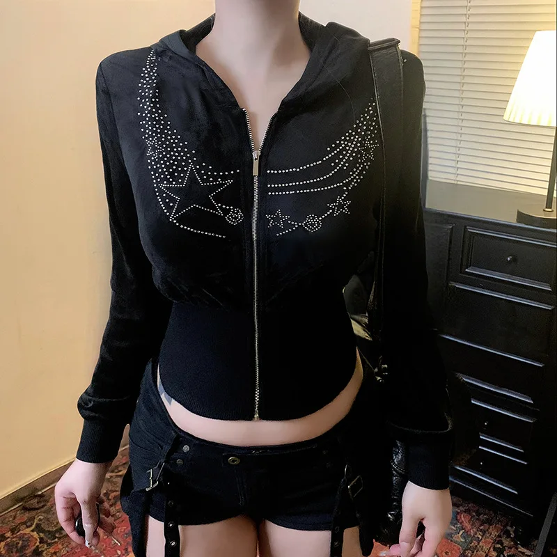 Rhinestone Velvet Black Cropped Jacket Y2k Long Sleeve Zip Up Hoodies Graphic Woman Fall Clothes 2025 P77-CI26