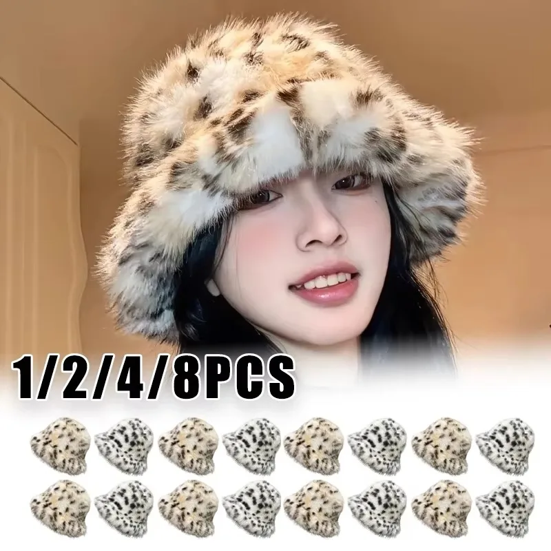 Winter Bucket Hat Faux Fox Fur Leopard Print Thickened Warm Ear Protection Large Head Size Slimming Face for Women Gift