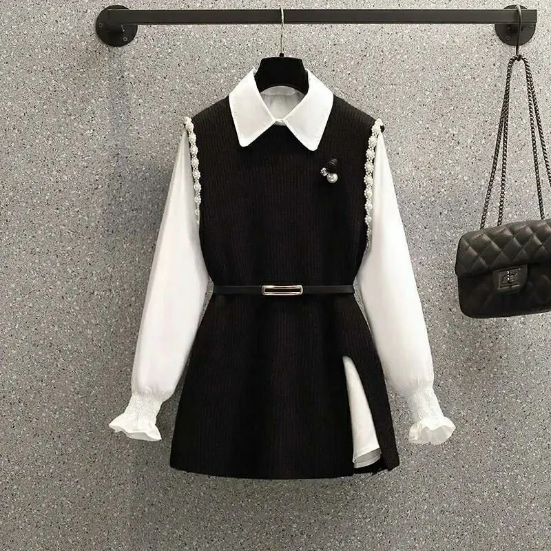 Retro Women Fashion Elegant Chic Lantern Sleeve Shirt Solid Slit Beads Sleeveless Knitted Sweater Vest 2 Piece Sets Tops Clothes