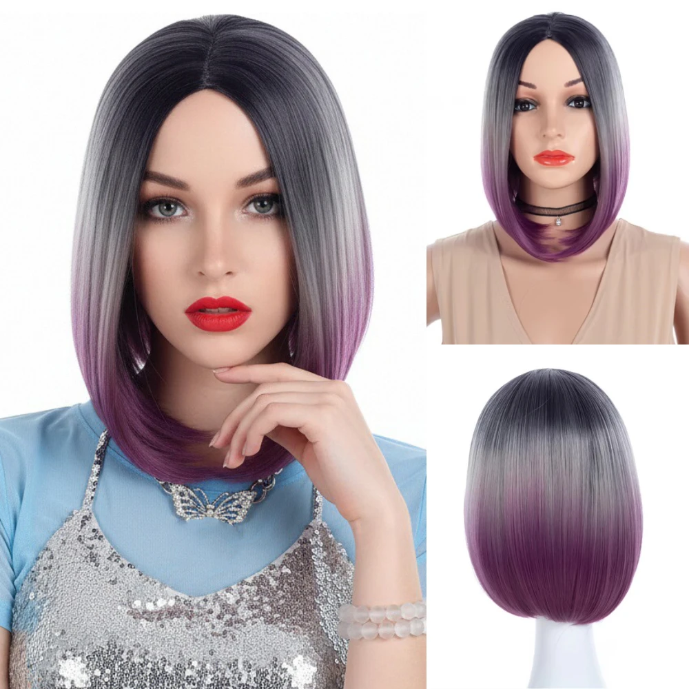 MSIWIGS قصير مستقيم الأرجواني رمادي الباروكات الاصطناعية المرأة شعر مستعار أومبير شعر مستعار مقاومة للحرارة
