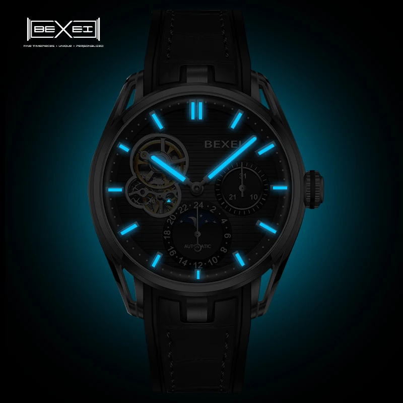 BEXEI 9226 يعرض لساعة تاريخ الشهر الميكانيكية 316L حالة الحركة التلقائية الأرقام الرومانية رجل ساعة K1 كريستال