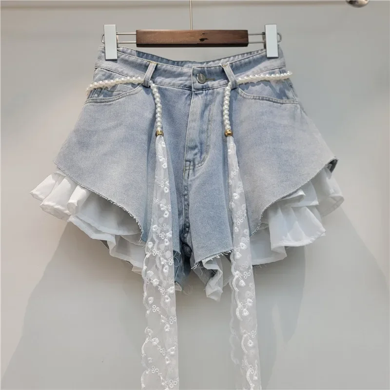 Short Pant Women Splice Belt A Line Jeans Loose Mid Waist Straight Trousers Y2k Streetwear Work Beach Denim Lace 2026 view 4
