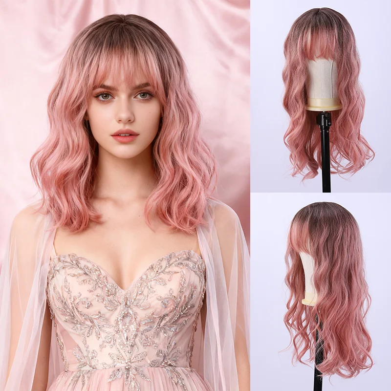

27,5-дюймовый розовый волнистый длинный вьющийся синтетический женский парик с челкой, естественный завитый светлый парик, женский парик длиной до талии