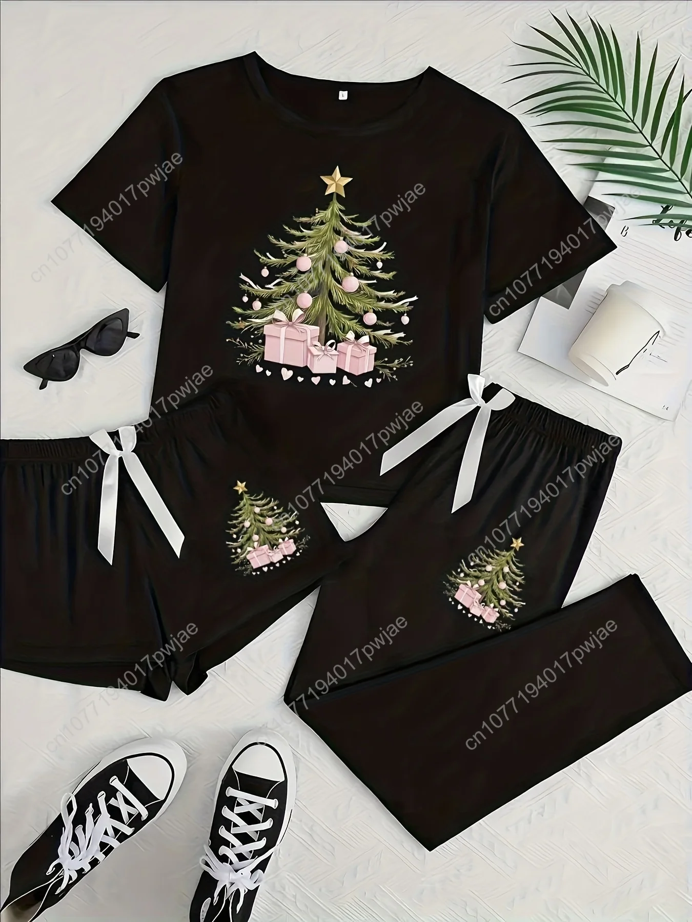 

3pcs Women'S Christmas Pajama Set - Soft Grey Pink Balloon Print Short Sleeve T-Shirt & Shorts with Bow Detail, All-Season F