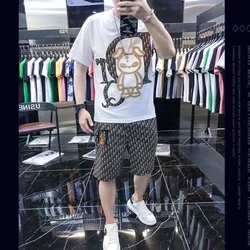 Summer Men's Casual Suit Crewneck Cartoon Animal Print Short-sleeved T-shirt Fashion Trend Shorts Two-piece Set