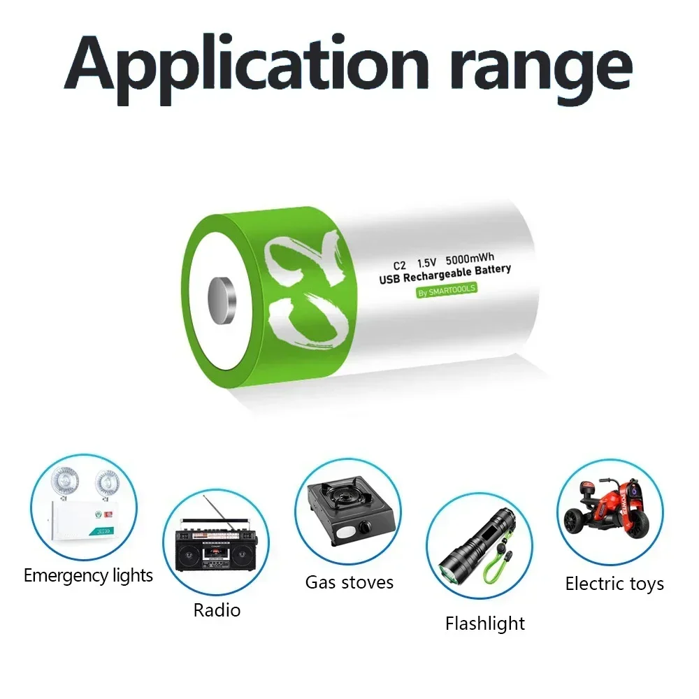 C Size 1.5V 5000mWh LR14 Rechargeable Battery Type-C Ultra-Fast Charging for Flashlight Gas Cooker Electronic Piano Radios