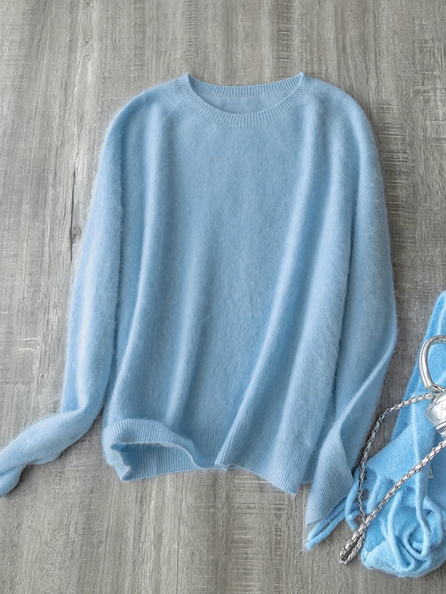 LIinar 2026 Fall/Winter Solid-Color Wool Knit Sweater for Women Round Neck Long Sleeves Soft Loose Fit Versatile Pullover