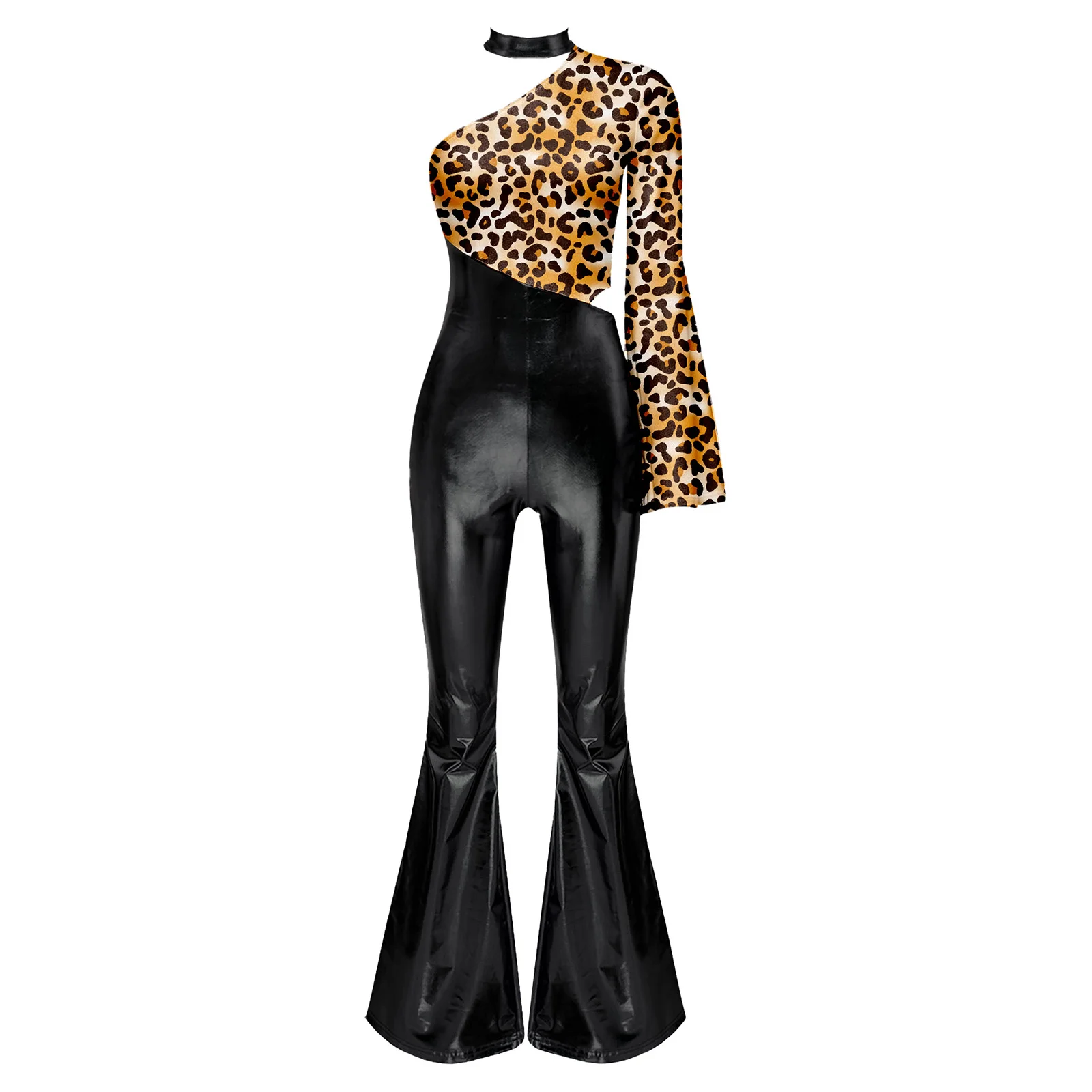 Damen One-Shoulder-Unitard mit Leopardenmuster, Tanz-Jumpsuit mit seitlichem Cutout, ausgestellte Hosenbeine, Retro 70er Disco Jazz Dance Outfit – Detail 11