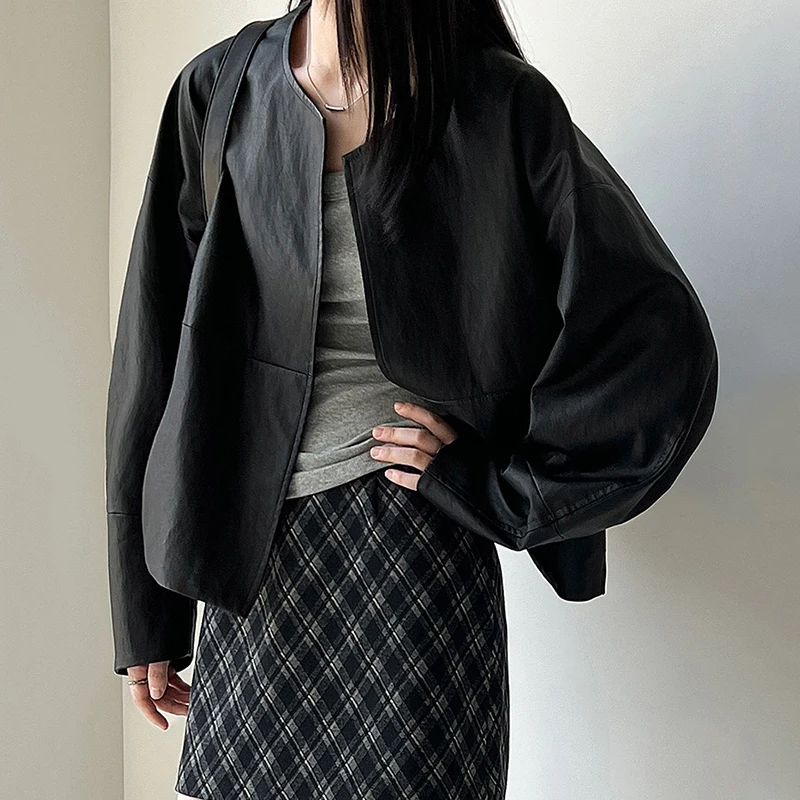 Jaqueta preta feminina solta estilo dinheiro antigo o pescoço couro do plutônio cardigan casaco outono novo minimalista casual topo