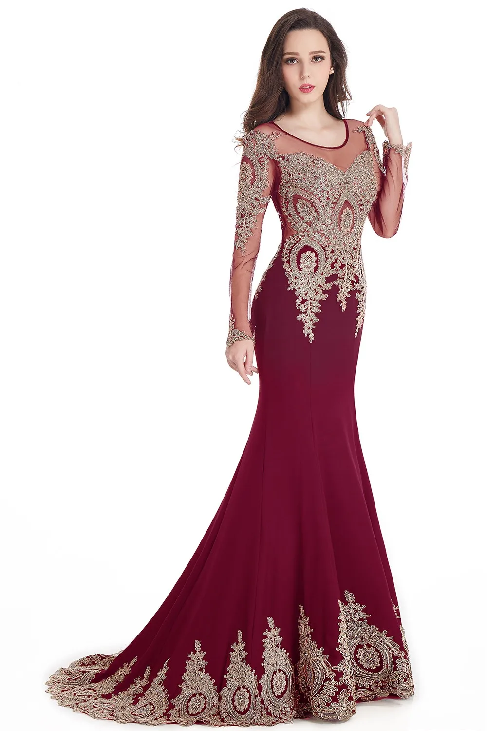 Sexy Mermaid Evening Dresses Gold Lace Appqulies O-Neck Tulle Long Sleeve Gowns Slim Floor Length Party Prom Dress With Train