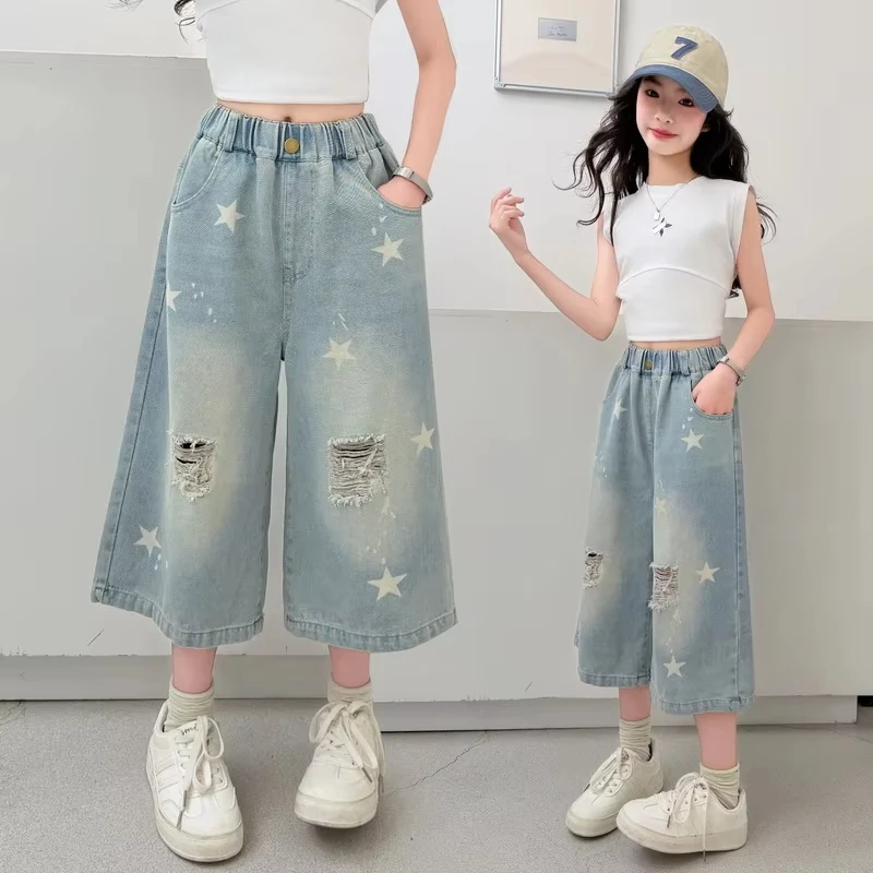 Teenage Girl Fashion Casual Mid-Calf Jeans Capri for Kids Child Retro Gothic Y2K Knee Length Ripped Denim Shorts With Star Print