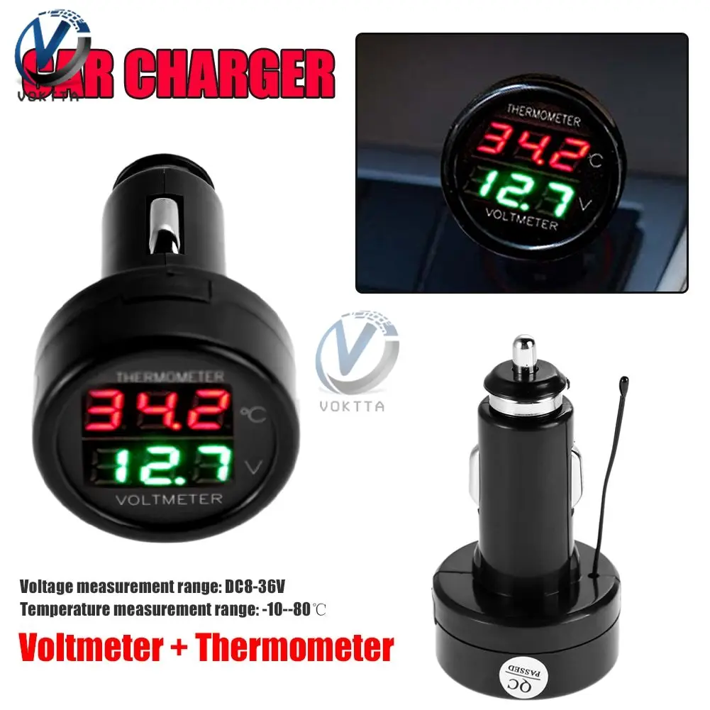 DC 12V 24V Digital Car Voltmeter Thermometer Cigarette Lighter Style 2 in1 Battery Monitor Voltage Temperature Meter Volt Tester