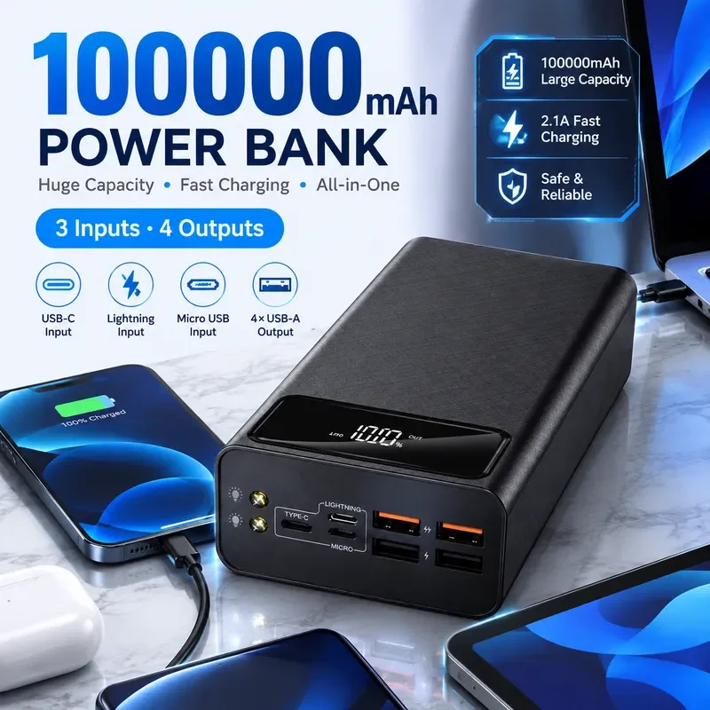 1000000mAh Portable Power Bank for iPhone Huawei Xiaomi Oppo Vivo OnePlus Google Pixel with Multiple USB Output Ports