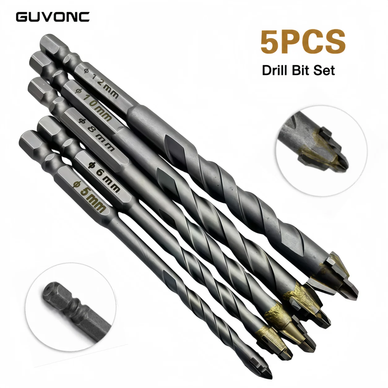 5Pcs Eccentric Alloy Drill Bits 5‑12mm, Fit Standard Electric Drill for Tile, Glass, Marble & Brick