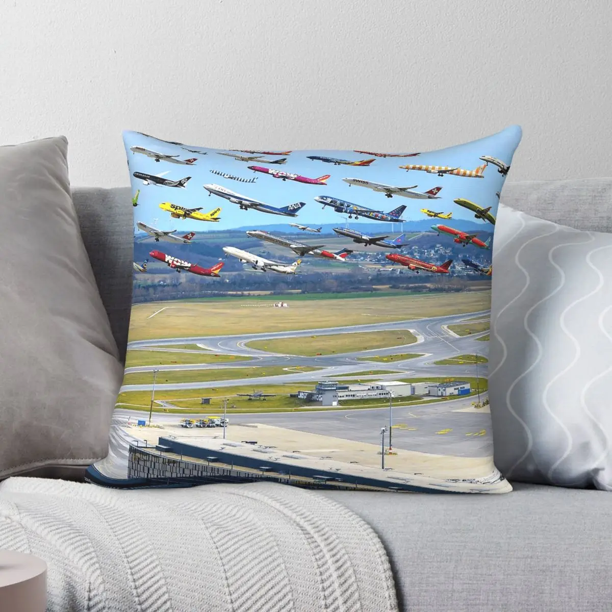Airplane Jetliner Take Off Time Square Pillowcase Polyester Linen Velvet Creative Zip Decor Home Cushion Cover 45x45