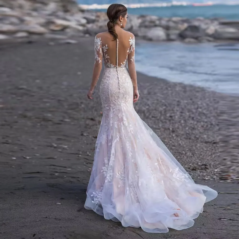 Abiti da sposa Abito da sposa classico da spiaggia stile sirena Abito da festa Boho Abito di lusso con bottoni posteriori 2025 Personalizzato di alta qualità