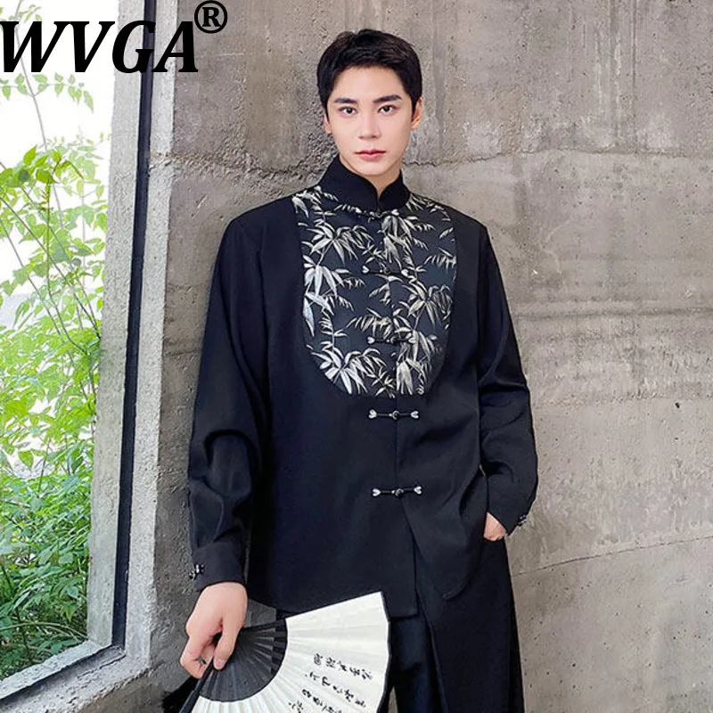 

WVGA Spring Autumn New Man Chinese Style Stand Collar Embroidered Bamboo Button Shirts Niche Chic Casual Long Sleeve Tops W20937