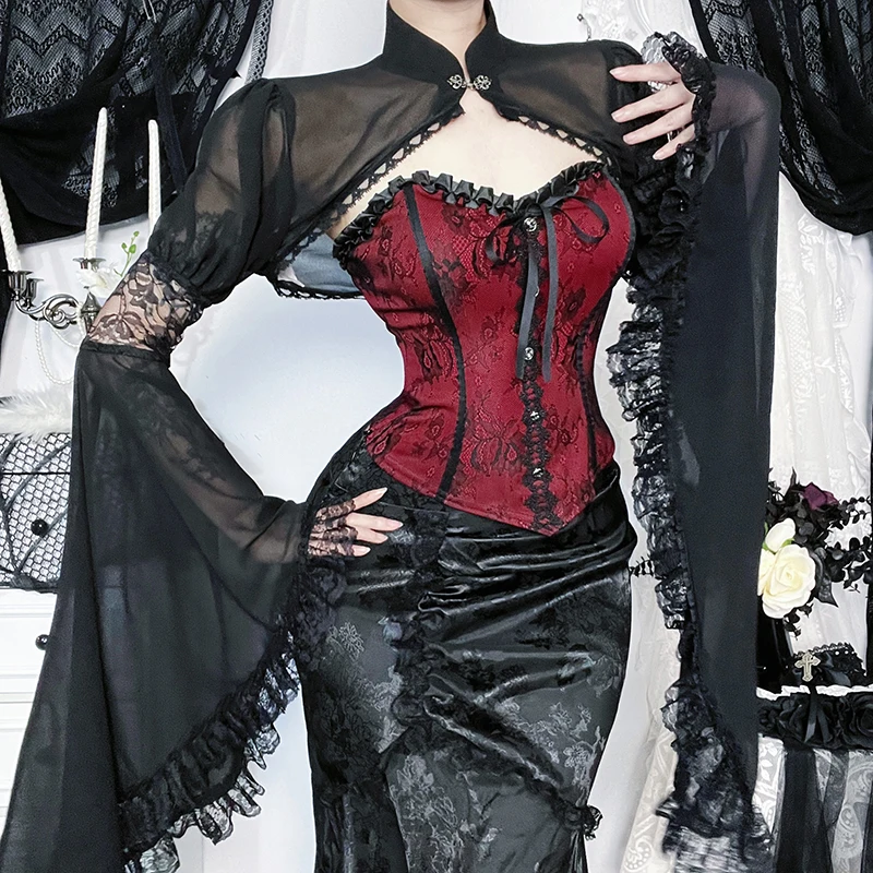 Goth Black Chiffon Lace Mesh See Through Flared Sleeve Smocks Sexy Vintage Aesthetic Lace Trim Fashion Women Summer Cloak Tops